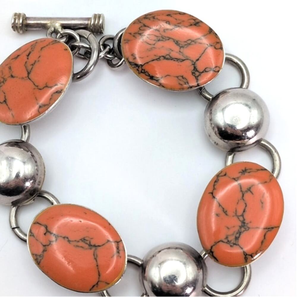 Sterling Silver 925 Mexico Orange and Black Oval Gemstone Toggle Bracelet 39.6g - Picture 3 of 9